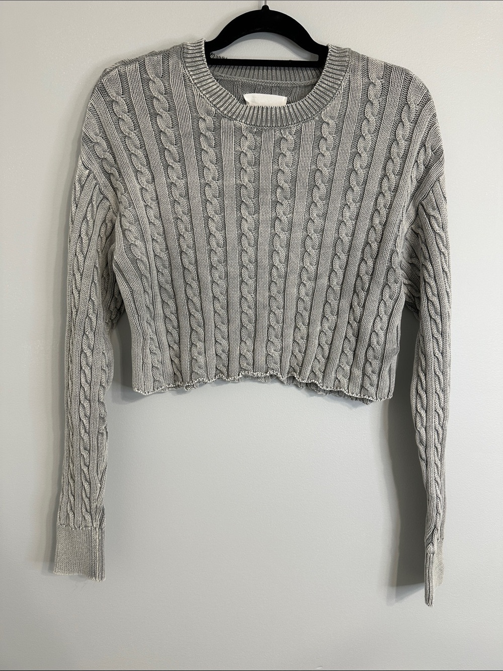 aerie Light Gray Cropped Cable Crewneck Sweater